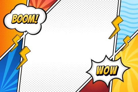 Dynamic Comic Book Frame Background with Boom and Wow Speech Bubbles Stock Illustration
