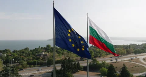 Dynamic composition featuring Bulgarian and EU flags Stock Footage 301884599