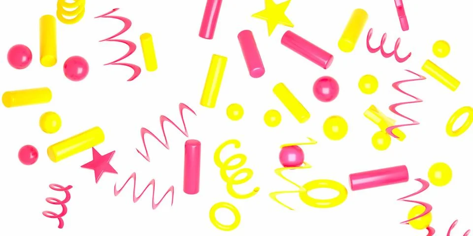 Dynamic composition featuring floating pink yellow geometric shapes including Stockfoto's