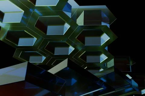 Dynamic composition of glowing, translucent geometric hexagons and polyhedr.. Stock Illustration