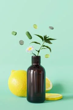 A dynamic composition with herbal pills and a plant sprouting from a bottle Stock Illustration