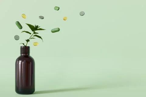 A dynamic composition with herbal pills and a plant sprouting from a bottle Stock Illustration
