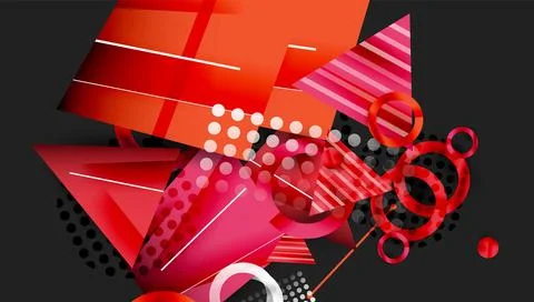Dynamic composition. Red, pink shapes overlap. White lines, dots create visual Stock Illustration