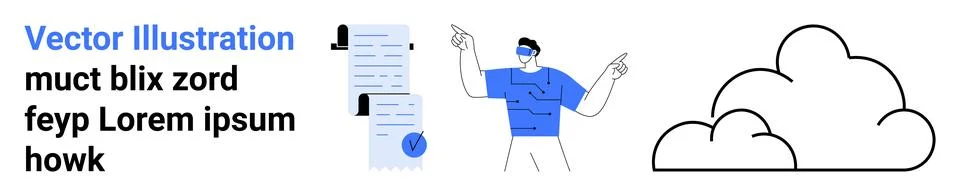 Dynamic Concept Display with Man Gesturing, Documents, and Cloud 스톡 일러스트