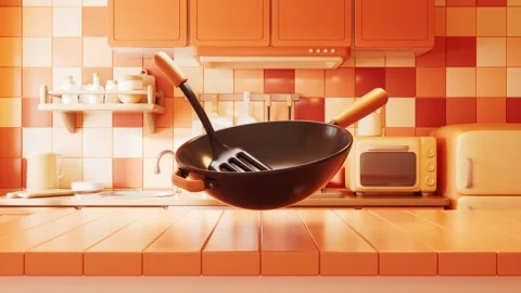 Dynamic cooking wok and spatula motion in a stylized orange kitchen with ap.. Vídeos de archivo 332388673