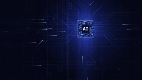 Dynamic CPU Animation Featuring AI Text with Deep Blue Background Circuit Traces Stock Footage 340440442