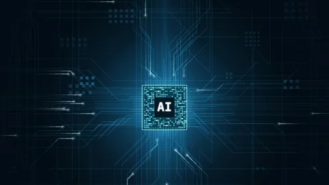 Dynamic CPU Animation Featuring AI with Deep Background Circuit Traces and Glowi Stock Footage 340440522