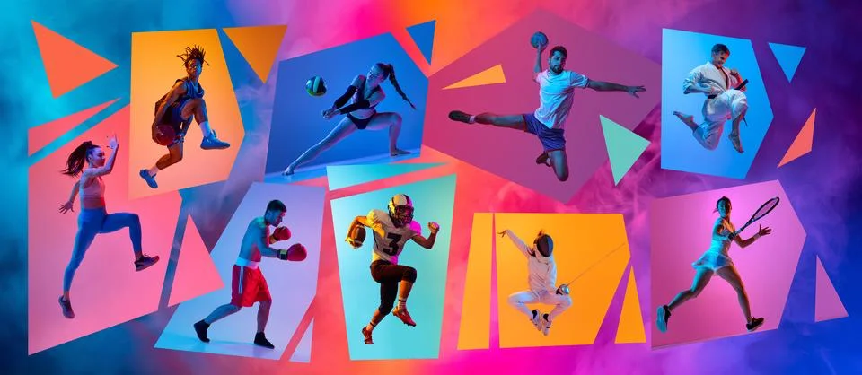 Dynamic creative collage made with different athletes, men and women training Stock Photos