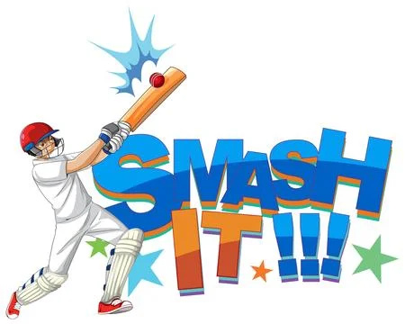 Dynamic Cricket Batsman Hitting Ball with Smash It Typography Design Stock Illustration
