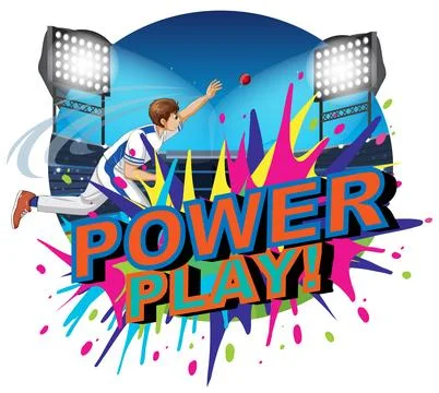 Dynamic Cricket Player Reaching for Ball with Power Play Typography Stock Illustration