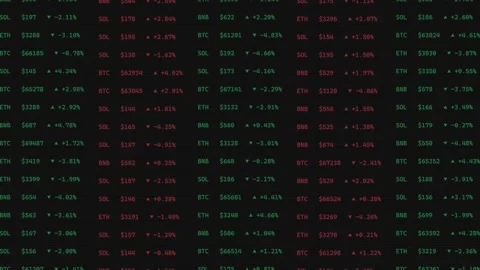 Dynamic Crypto Coin Prices Display with Red and Green Indicators Stock Footage 332792277