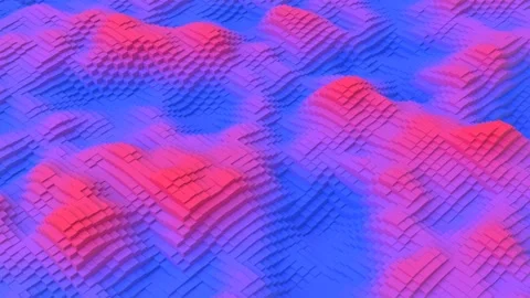 Dynamic Cubic Terrain Animation: Vibrant blue red neon Cubes Rising and Falli Stock Footage 279806304