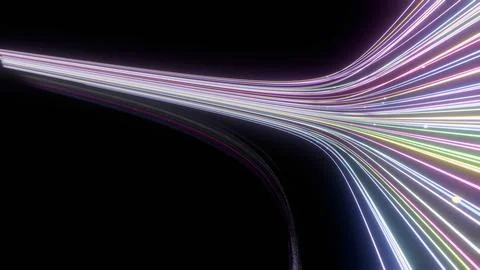 Dynamic Curved Neon Light Trails on Black Background.. Stock Illustration