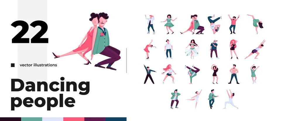 Dynamic dance moves cartoon flat illustrations bundle Stock Illustration