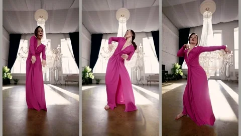 Dynamic dance steps in a pink dress. The emphasis is on movement  Stock Footage 313870998