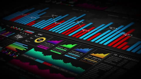 A dynamic data analytics dashboard with colorful bar charts, line graphs, Stock Footage 294283937
