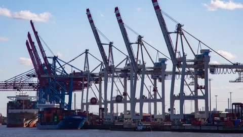 Dynamic Daytime Timelapse of Hamburg Container Port with Cranes Stock Footage 309572175