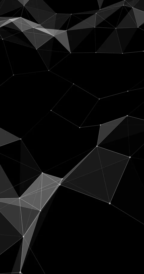 A dynamic diagonal movement past sparse grey plexus triangles in dark empty  스톡 동영상 345551560