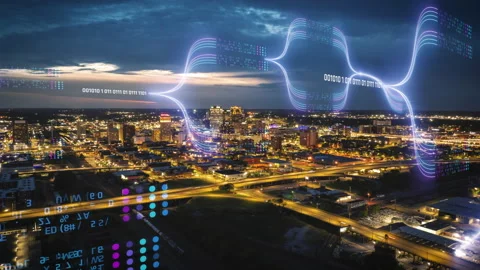 Dynamic digital data overlays enhance cityscape's lights at dusk, visualizing Stock Footage 276107867