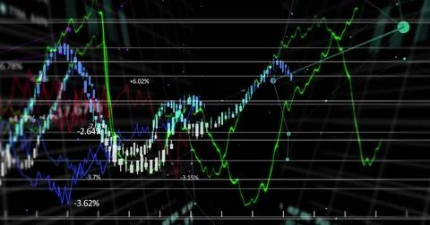 Dynamic digital graphs and charts displaying fluctuating financial data trends イラスト素材