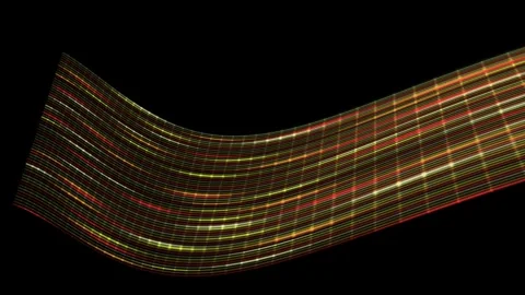 A dynamic digital mesh ribbon bends and shifts across a deep black field, c.. Stock Footage 347384012