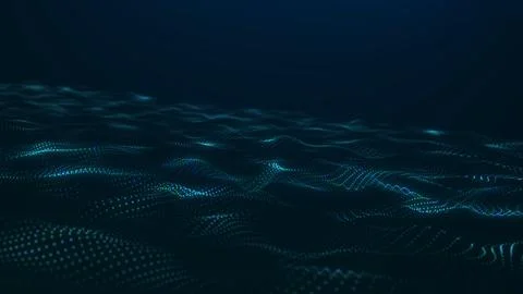 Dynamic digital particle waves with blue and green glowing motion on a dark.. Stockillustratie