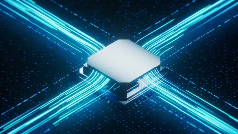 Dynamic digital processor with glowing blue circuits and data streams motion Stock Footage 328335012