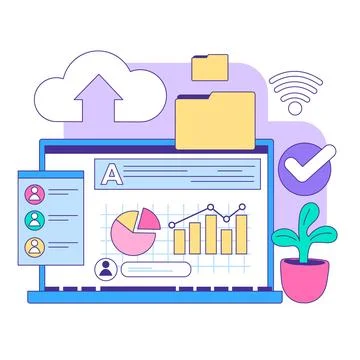 Dynamic digital workspace scene. Flat vector illustration 스톡 일러스트