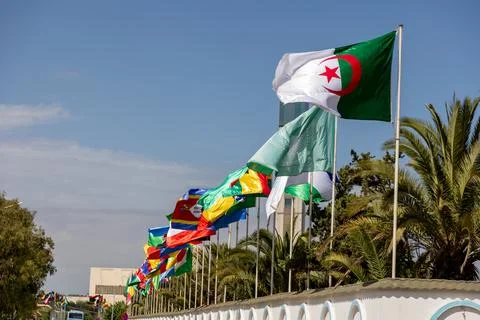 Dynamic display of international flags evokes themes of global unity and cult Stock Photos