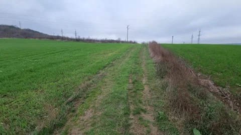 Dynamic drone flight over green field road and distant hills landscape Stock Footage 323439861
