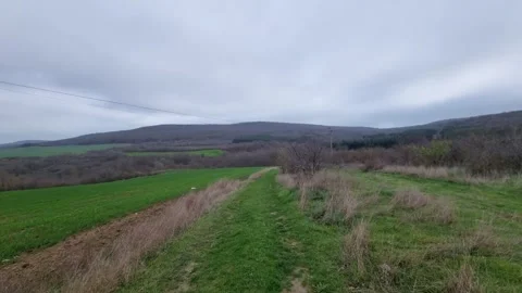Dynamic drone flight over green field road and distant hills landscape Stock Footage 323439874