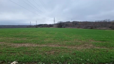 Dynamic drone flight over green field under cloudy winter sky Stock Footage 323439880