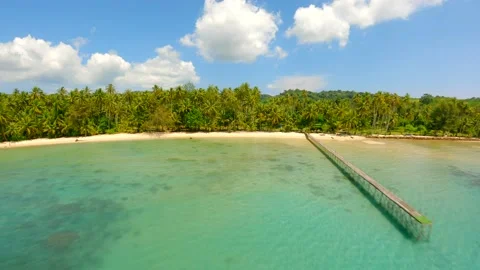 A dynamic drone flight over turquoise ocean, white beach and palm trees Stock Footage 237930641