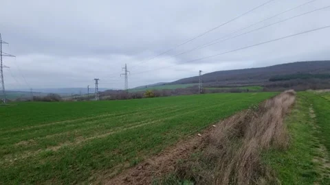 Dynamic drone flyover of green fields, rolling hills and cloudy sky Stock Footage 323439873