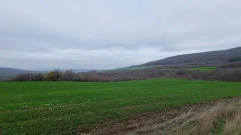 Dynamic drone flyover of green fields, rolling hills and cloudy sky Video stock 323439875