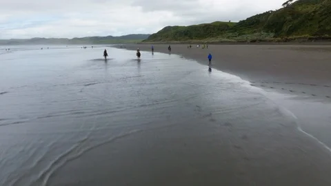 Dynamic drone shot of four horse riders on beach in New Zealand Stock Footage 89892086