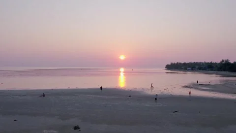 Dynamic drone shot of sunset, purple sky and people on beach, low tide,evening Stock Footage 278309967