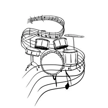 Dynamic drum set with flowing musical notes in a creative illustration show.. Stock Illustration