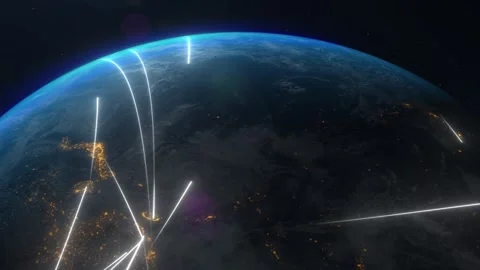 Dynamic Earth view from space, illuminated city lights, animated lines  Vídeos de archivo 281599600