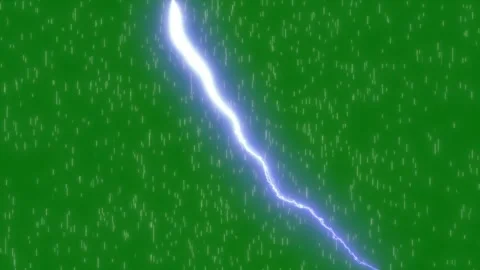 Dynamic Electric Lightning Strikes with Blue Thunder Flashes and Rainfall Green Stock Footage 345344459