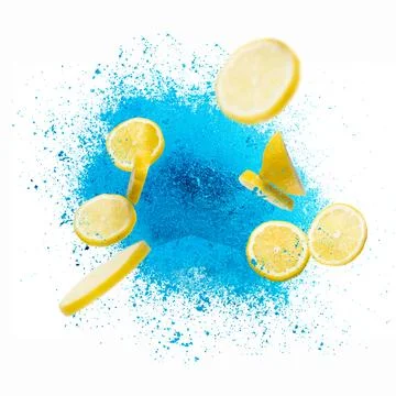 Dynamic Explosion of blue Powder and Fruit Props Foto stock