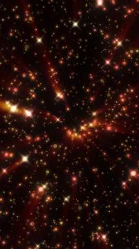 Dynamic explosion of glowing red and yellow particles in space, creating a st Stock Illustration