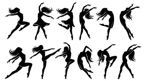 Dynamic female dancer silhouettes collection expressive movement Stock Illustration