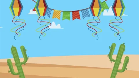 Dynamic festive scene with colorful lanterns and cacti in desert landscape. 動画素材 338314882