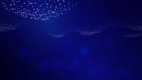 A dynamic field of small glowing blue particles forms undulating wave-like p Video stock 340678228