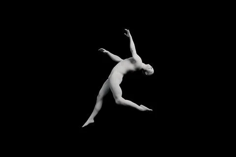 Dynamic figure model in mid-leap against black studio background Illustrazione stock
