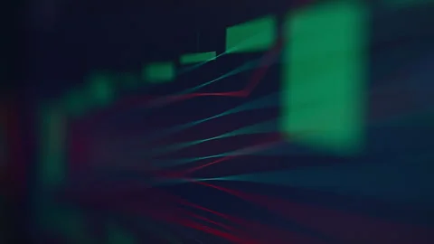 Dynamic financial chart with fluctuating green and red lines on dark background Stock Footage 294714164