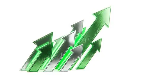 Dynamic financial featuring bright metallic green upward pointing arrows indi Stock Illustration