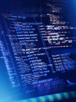 Dynamic FinTech programming code with motion blur. High-frequency trading alg Stock Photos