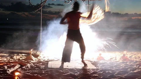 A Dynamic Fire Performer at the Beach During the Beautiful Sunset. Stock Footage 302263397